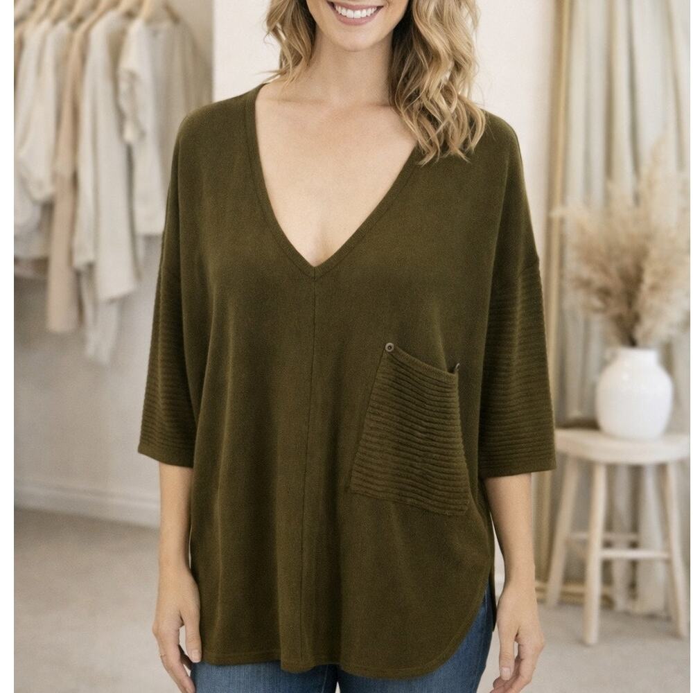 Kerisma Raven Top S/M Olive Green Knit Mercerized Wool V Neck Relaxed Minimalist